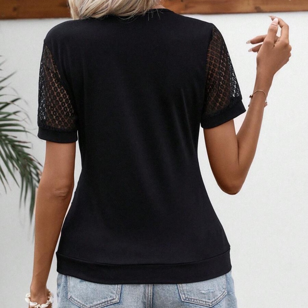 017 Black Lace Puff Sleeve Ruched Top - Picture 4 of 4
